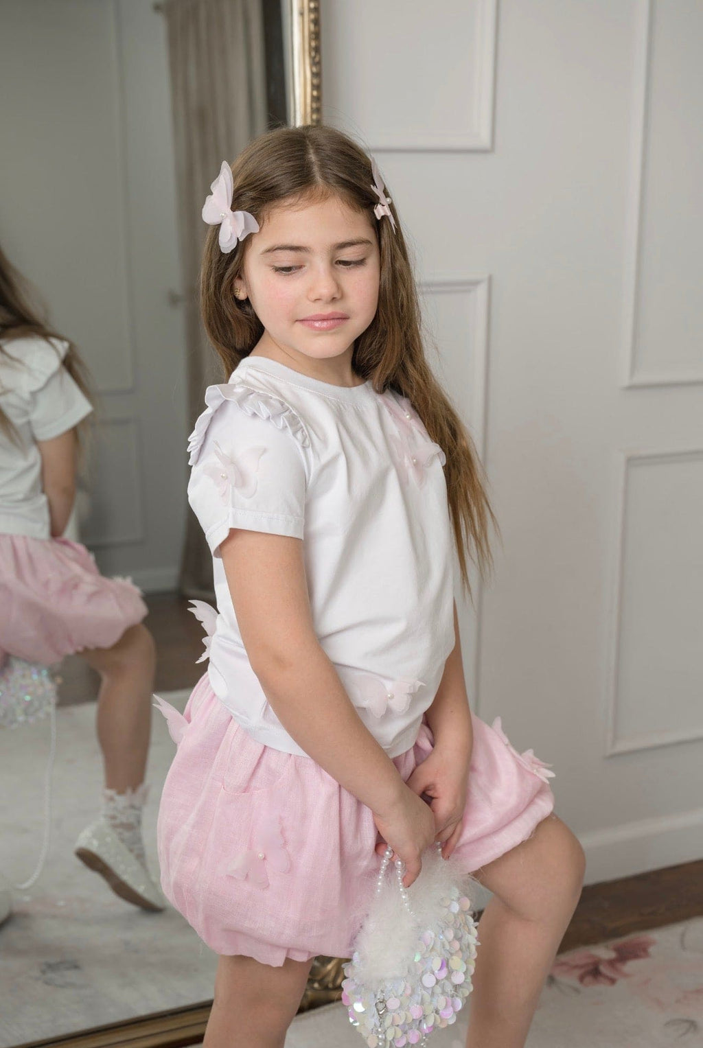 Pink Butterfly Bubble Linen Shorts