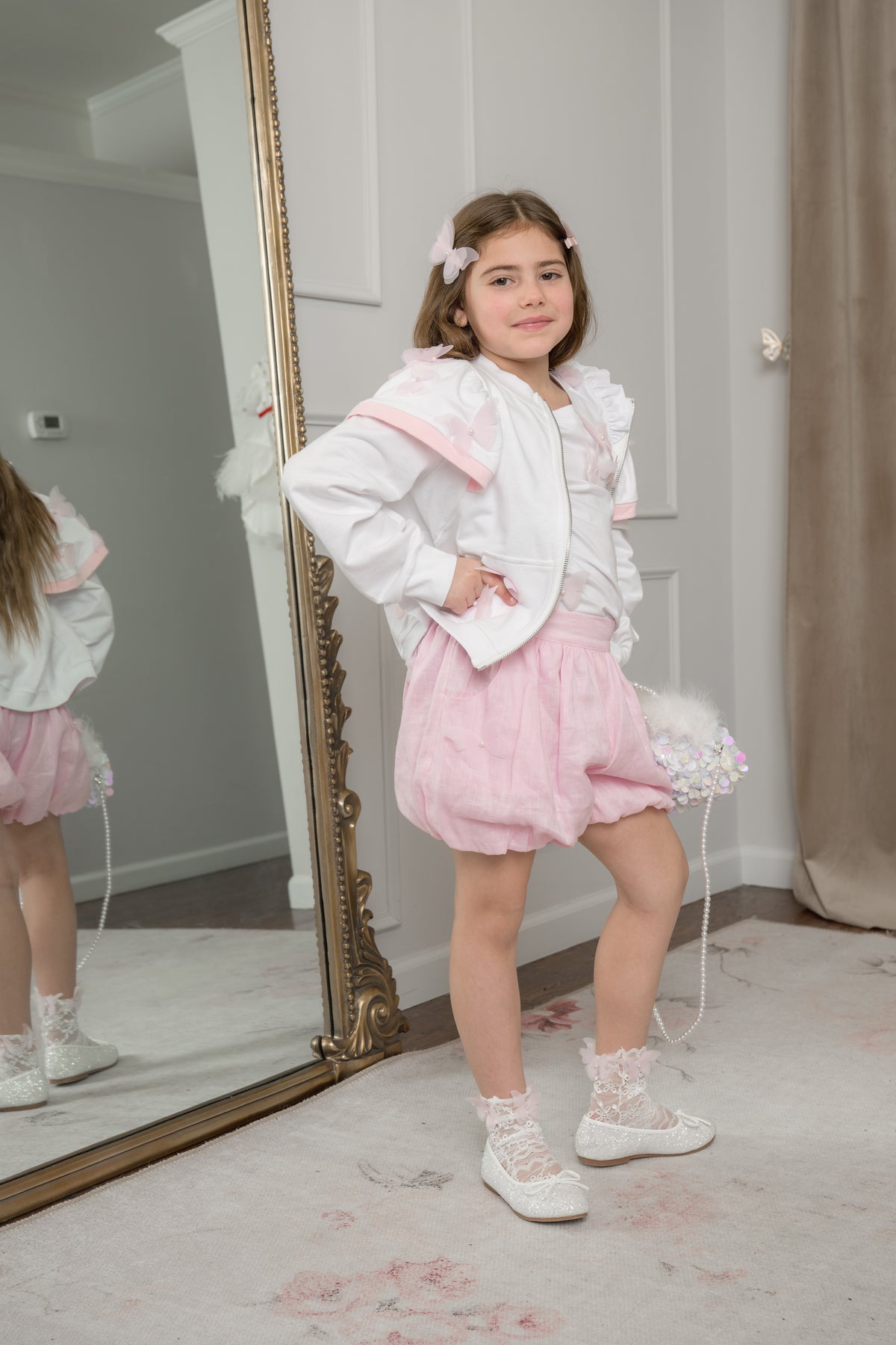 Pink Butterfly Bubble Linen Shorts