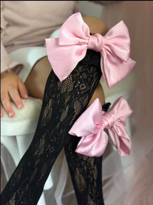Lola Black Lace Socks With Satin Pink Bow
