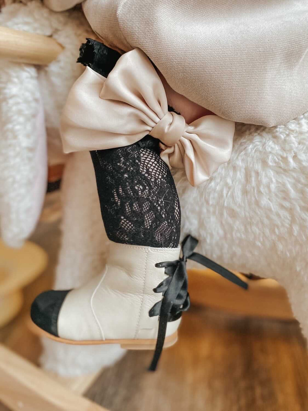 Lola Black Lace Socks With Satin Champagne Bow