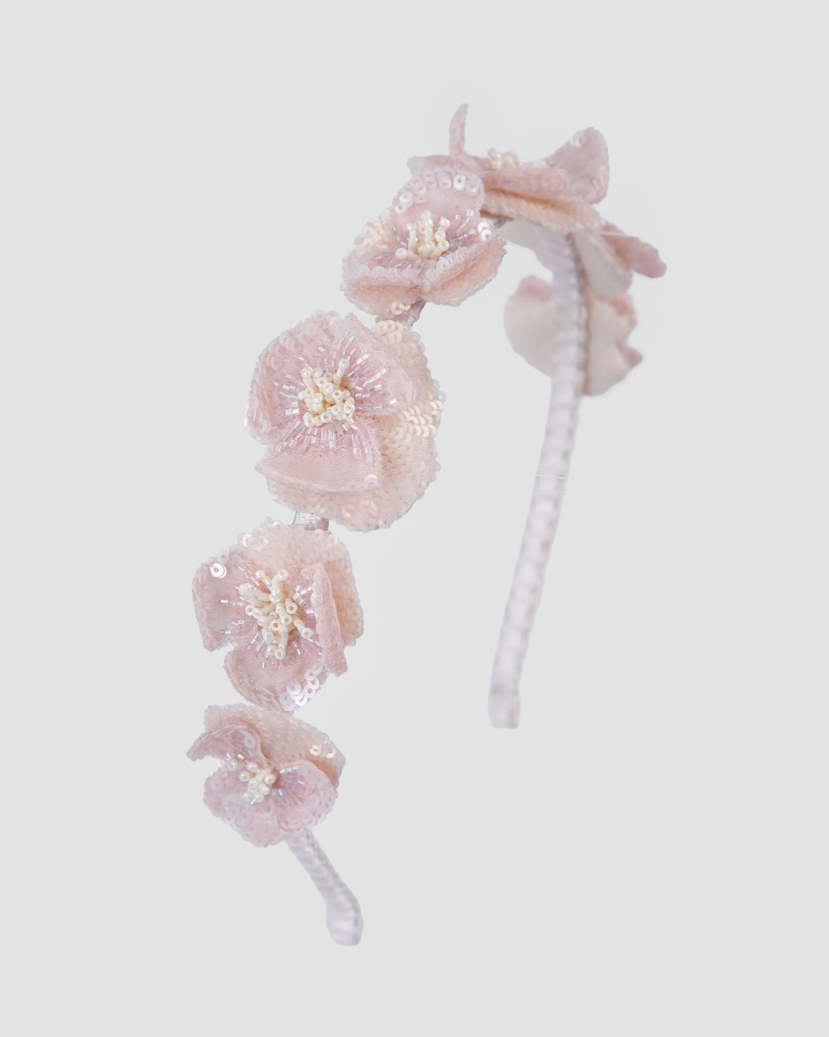Pink floral headband for girls with handcrafted organza petals and pearl bead centres by House of Carousel