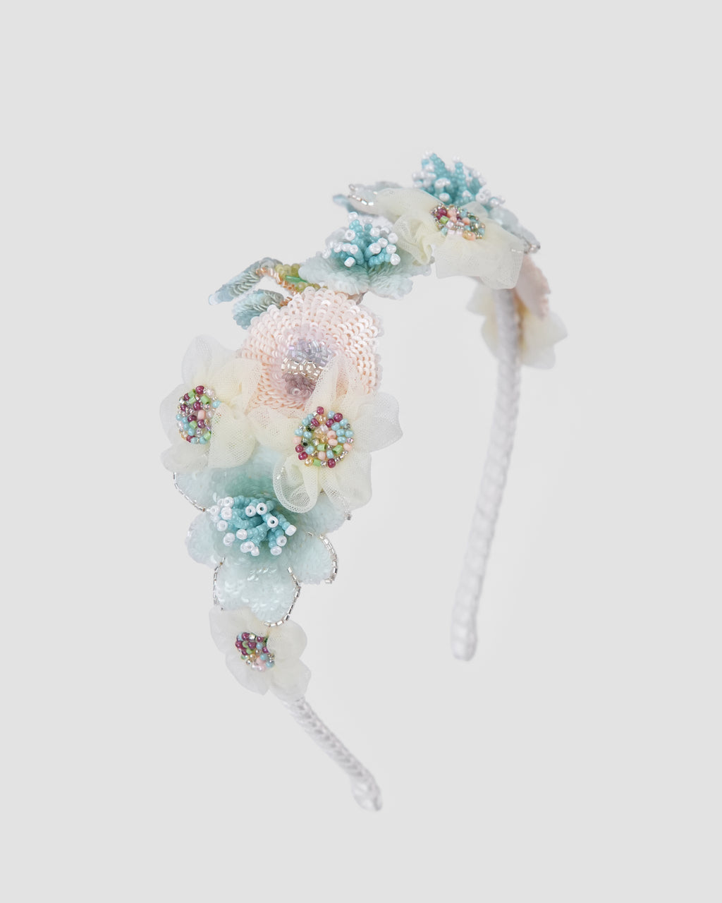 Crown of Grace floral headband for girls with chiffon flowers and beadwork by House of Carousel