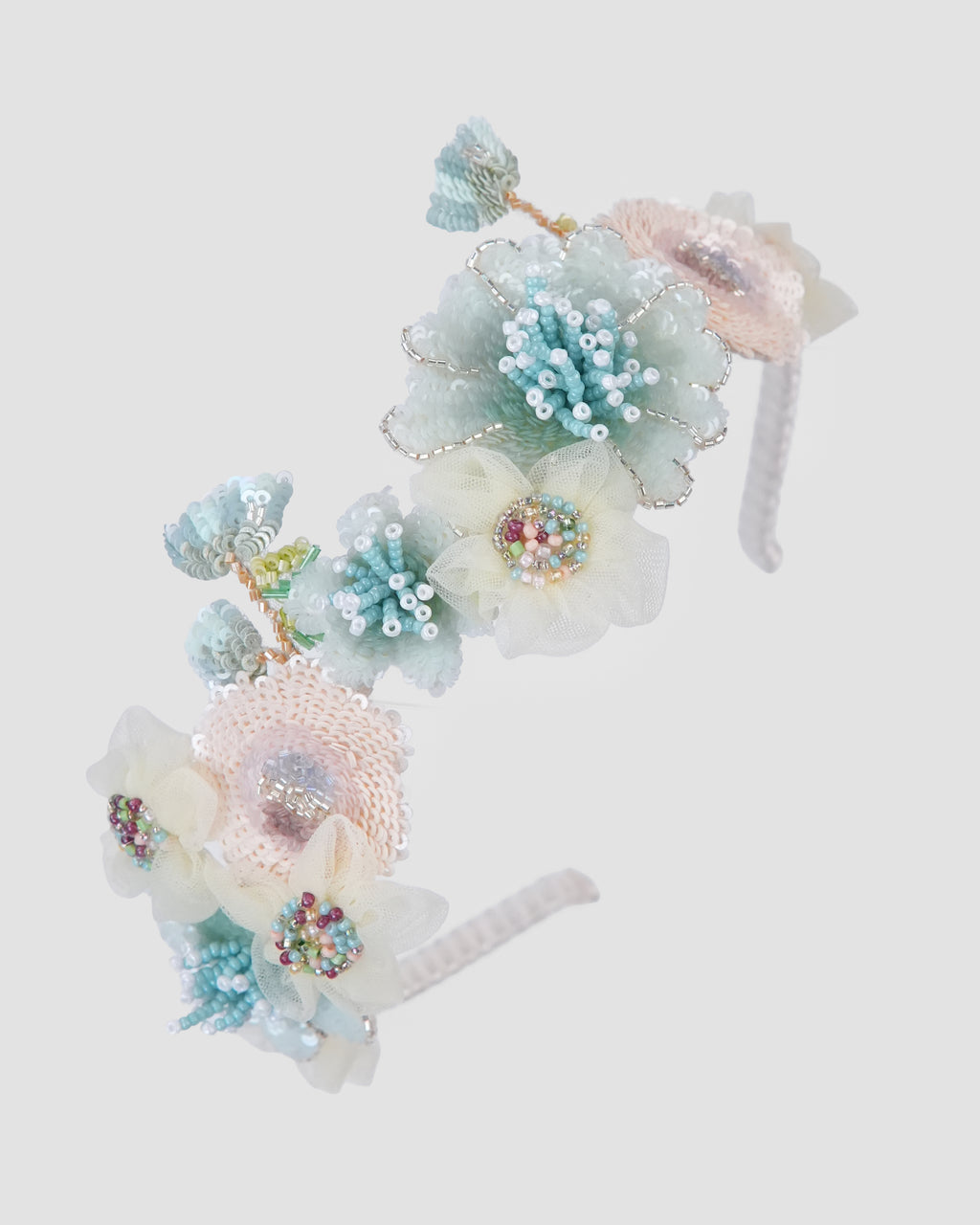 Crown of Grace girls headband with blush chiffon flowers, pearl details and seafoam beaded leaves by House of Carousel