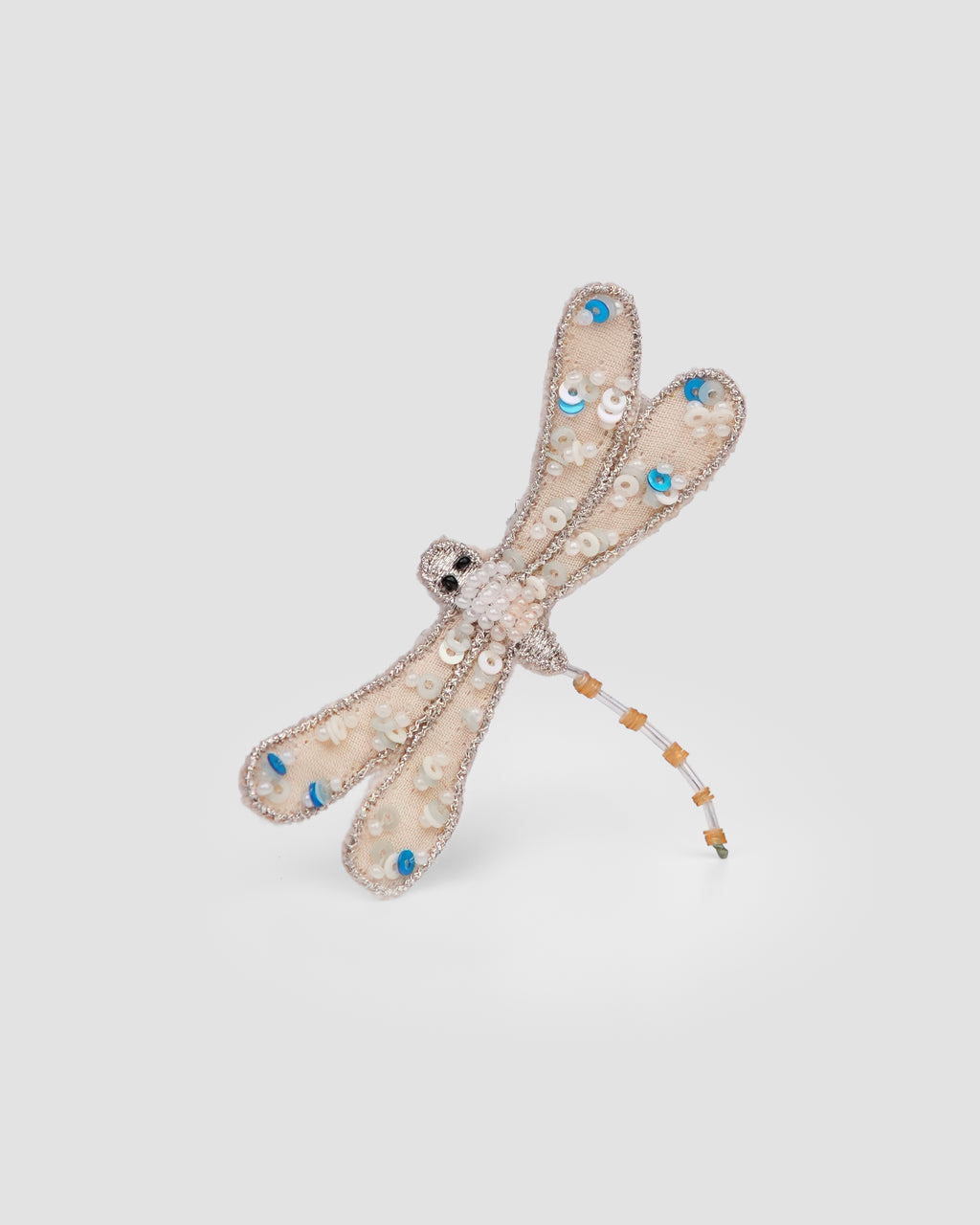 Hand embroidered dragonfly hair clip with sequins, pearls and silver beadwork by House of Carousel
