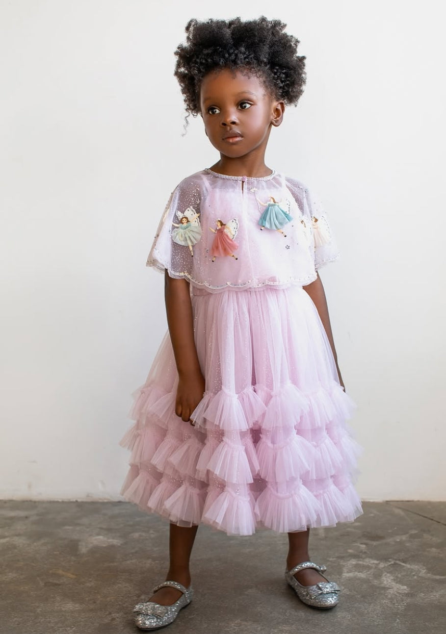 Full-length view of lilac  tiered tulle fairy dress for girls by House of Carousel