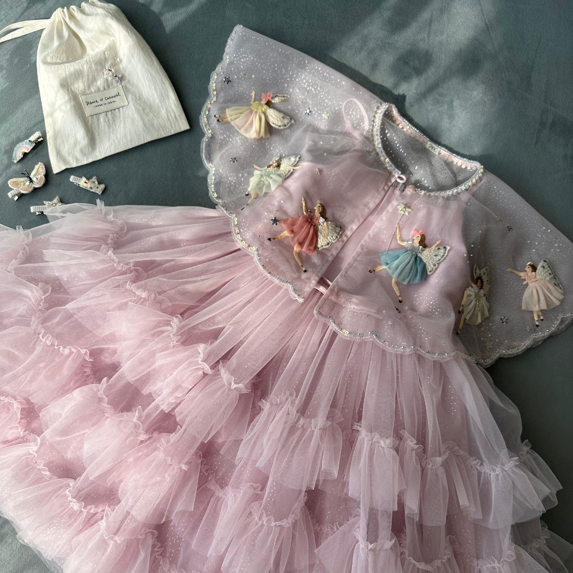 Pink Fairies in the Starry Night dress with tiered tulle skirt and fairy embroidery by House of Carousel
