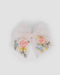 Floral Tulle Bow Clip in apricot tulle with hand-embroidered roses, sequins and beads by House of Carousel available at House of Aura