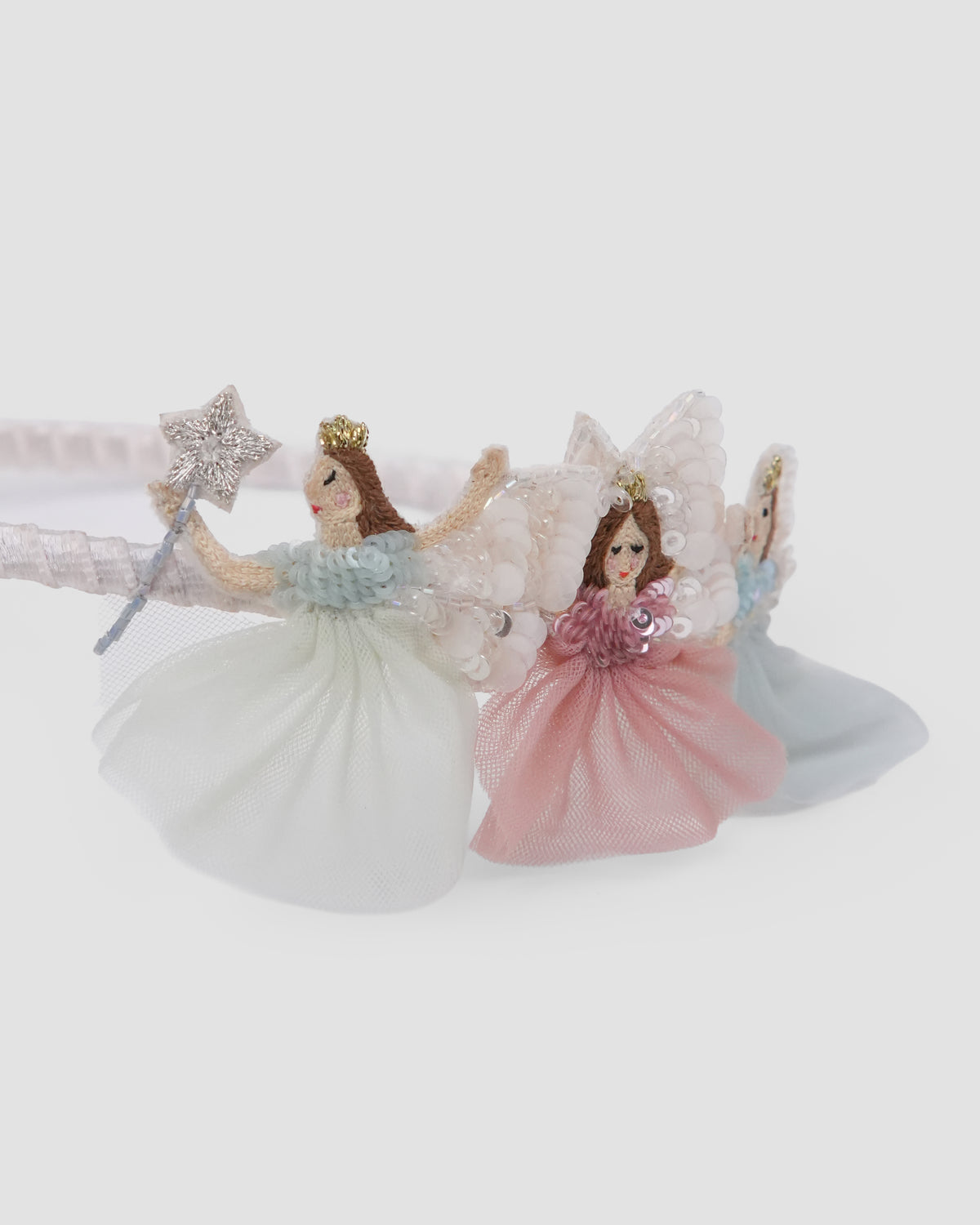 Flower Fairies Headband featuring pink, blue and ivory fairy motifs with sequin details