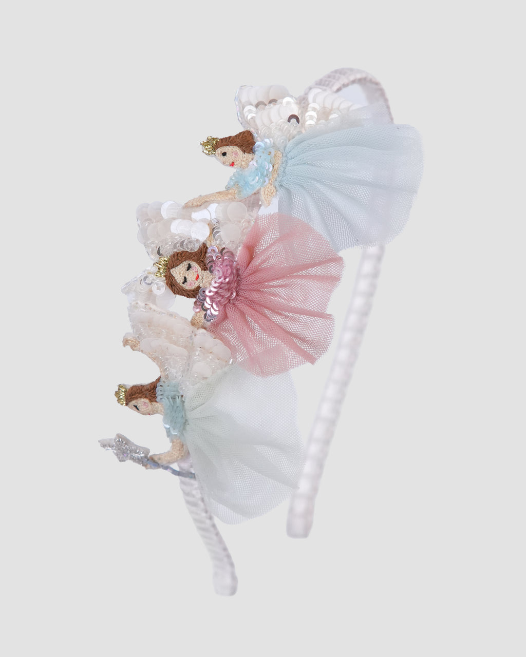 Flower Fairies Headband with three hand-appliquéd tulle fairies by House of Carousel available at House of Aura