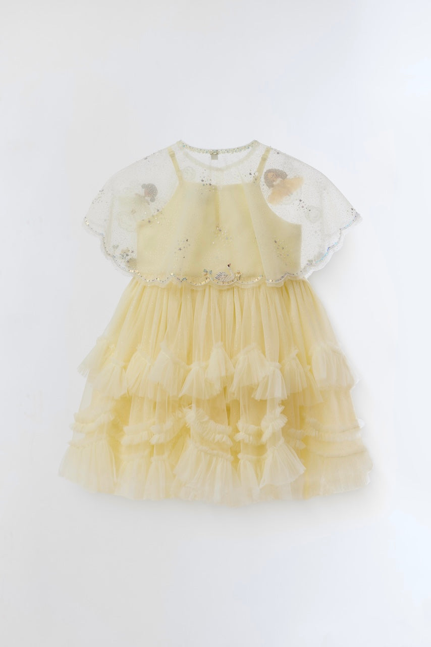 Back view of butter yellow Flutter Fairy Cloudkiss Dress with tiered ruffle tulle skirt