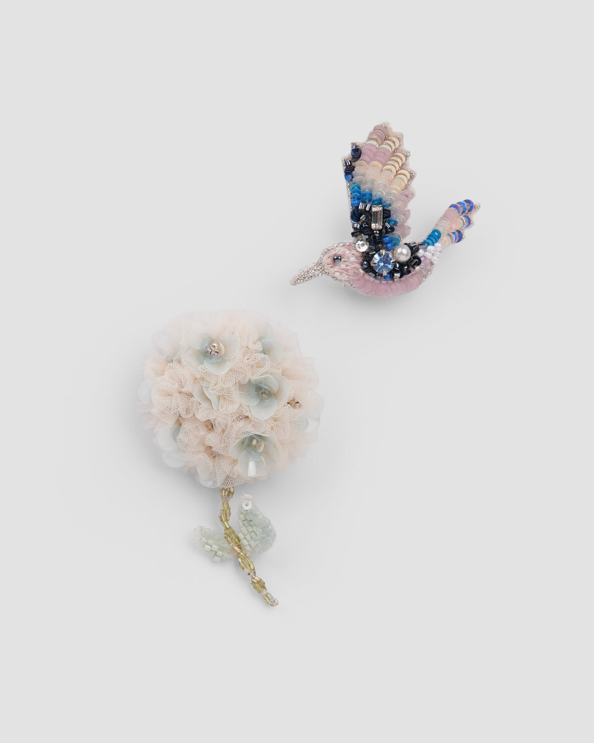 Garden Song Clips with hand-beaded songbird and dimensional flower details