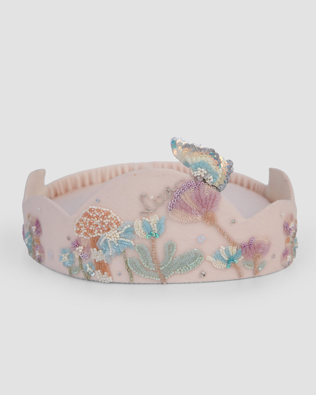 Hop in the Wild Crown pink tulle headband with hand-beaded garden embroidery