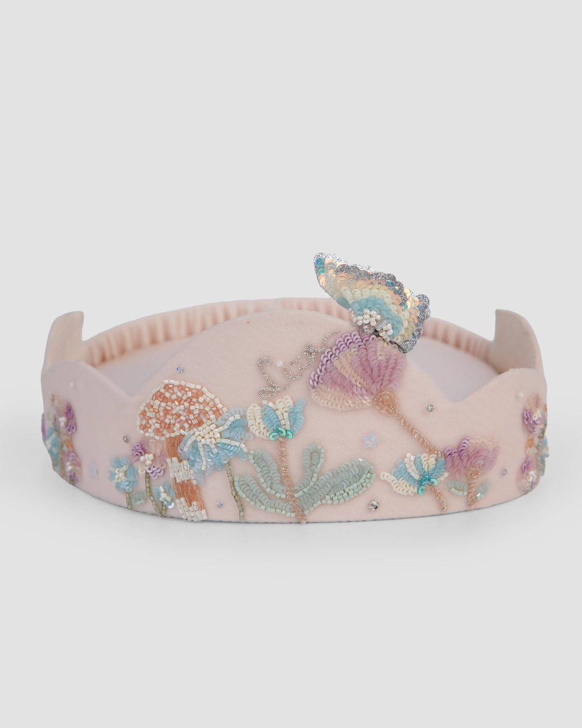 Hop in the Wild Crown pink tulle headband with hand-beaded garden embroidery