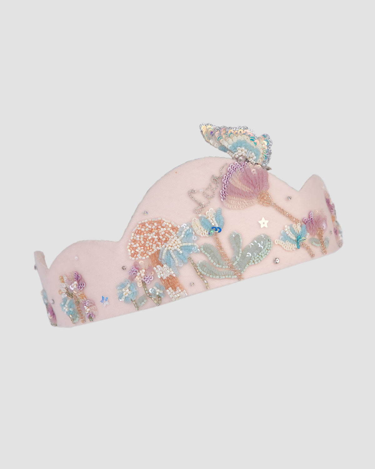Hop in the Wild Crown with hand-embroidered bunnies, flowers and butterflies by House of Carousel available at House of Aura Lebanon