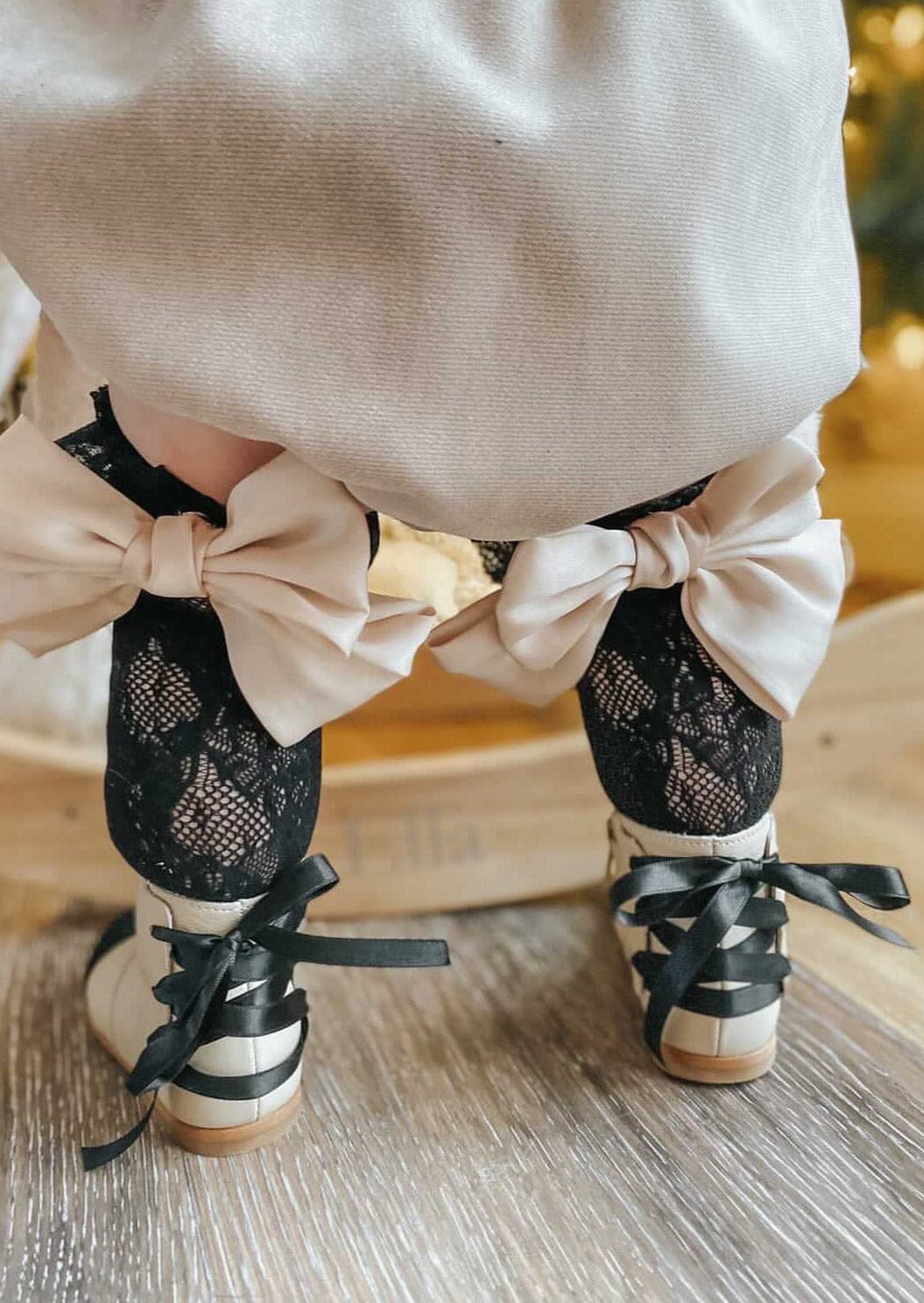 Lola Black Lace Socks With Satin Champagne Bow