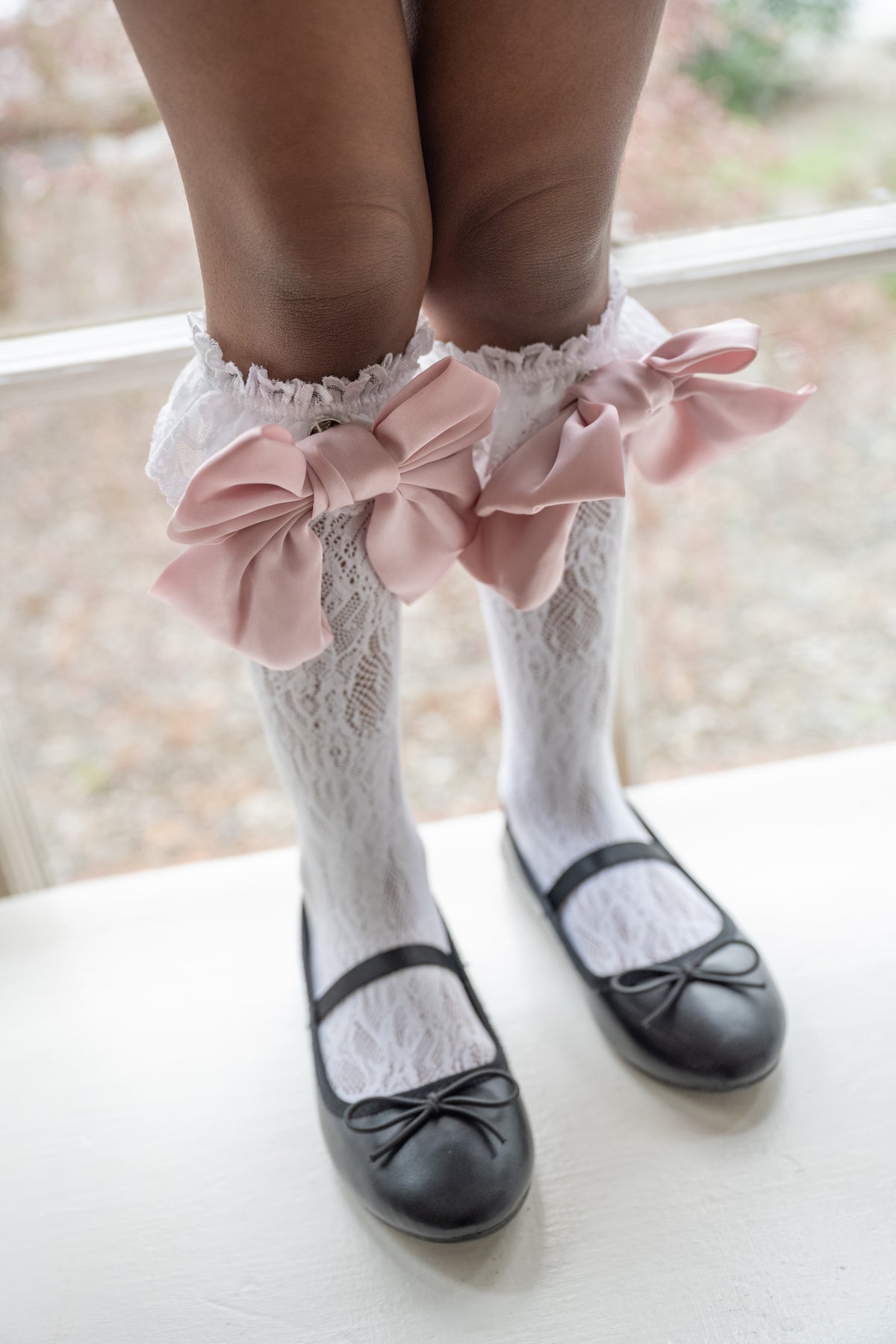 Lola Lace Socks With Satin Blush Pink Bow