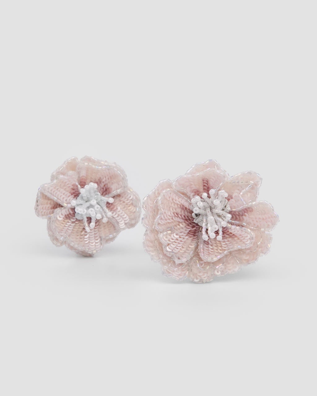 Pair of Rosette Clip peach flower hair clips with sequins, pearls and silver bead edging