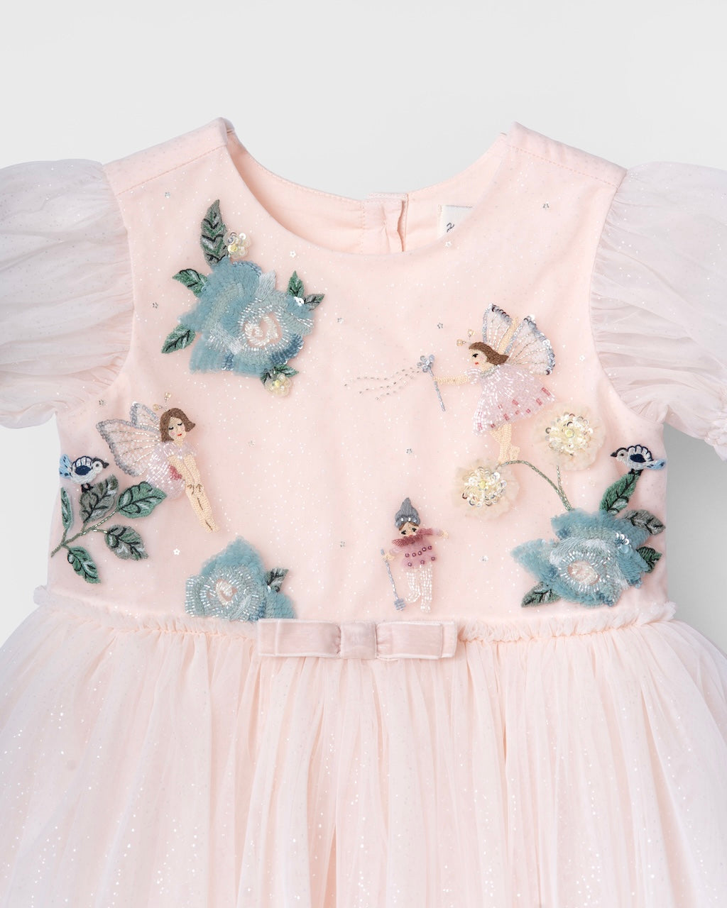 Embroidered bodice detail of Secret Garden of Roses girls dress with fairies, roses and butterflies