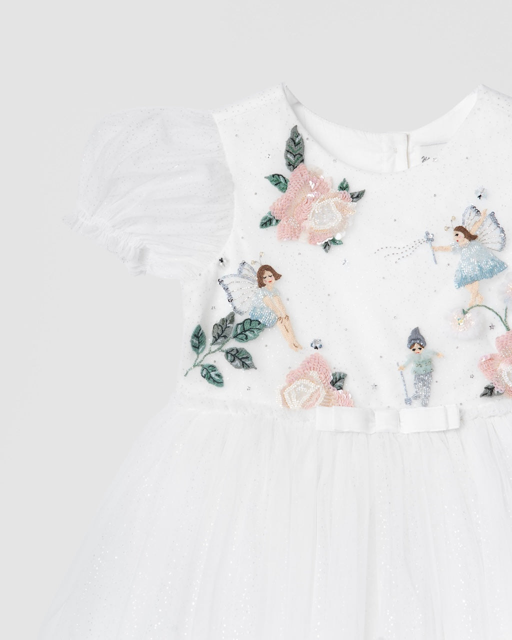 Detailed fairy and rose embroidery with beads and sequins on Secret Garden of Roses dress