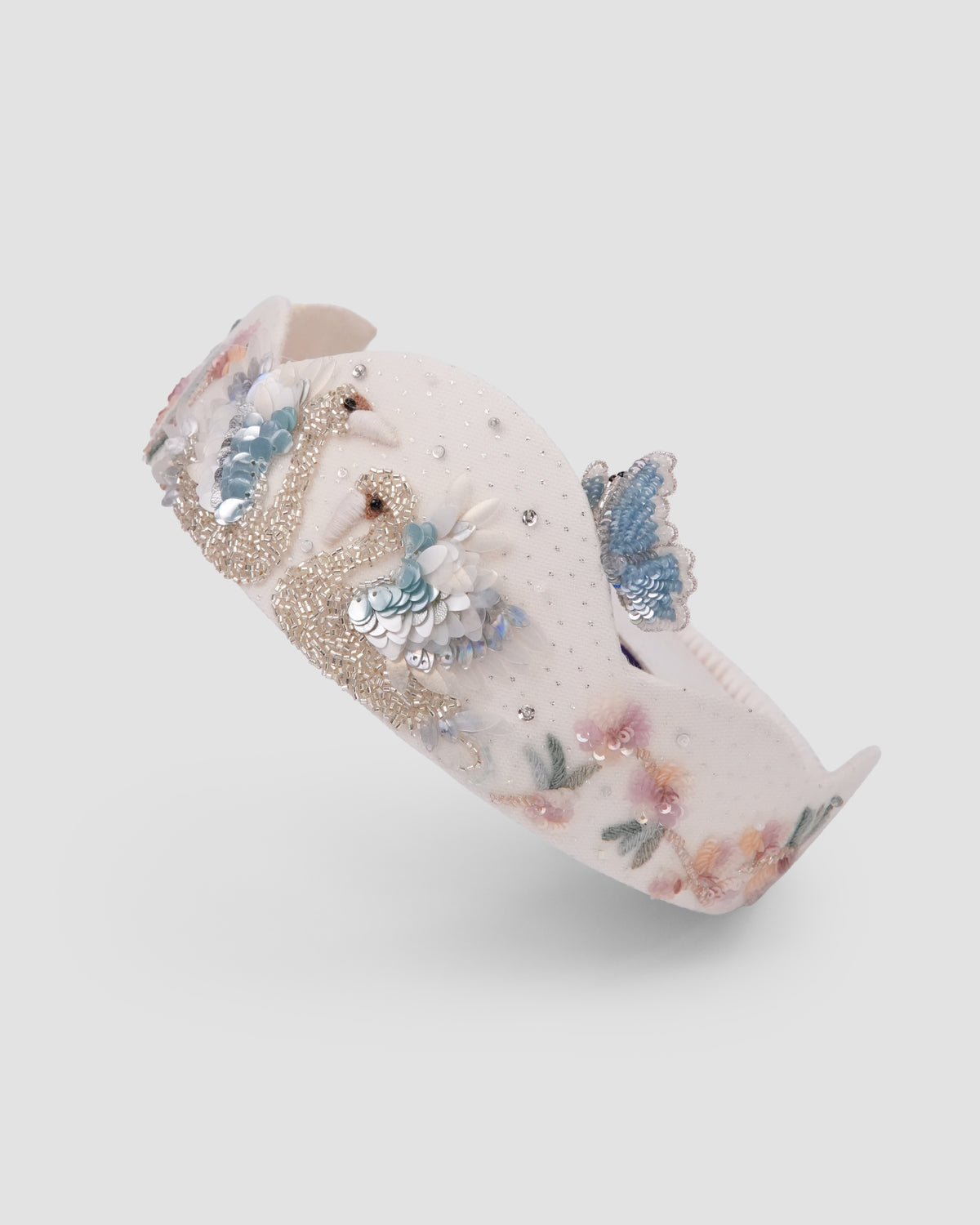 Swan Crown ivory tulle headband with embroidered swan, beads and crystals by House of Carousél