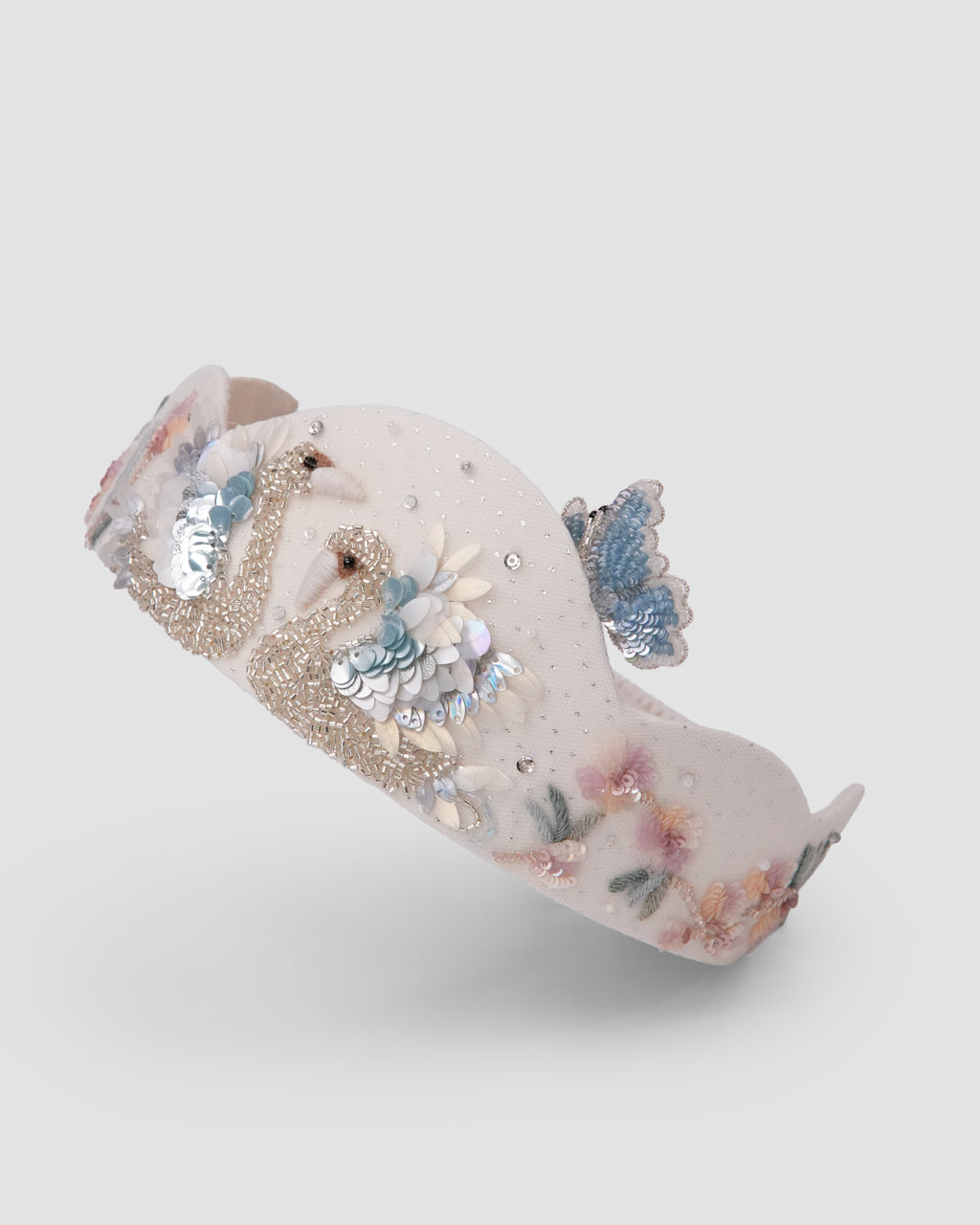 Swan Crown girls headband with embroidered swan, floral, bead and crystal details by House of Carousél