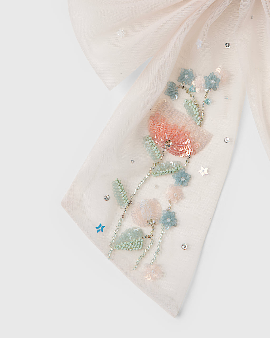 Embroidered tulip and floral detail on Tulip Garden tulle hair bow by House of Carousél