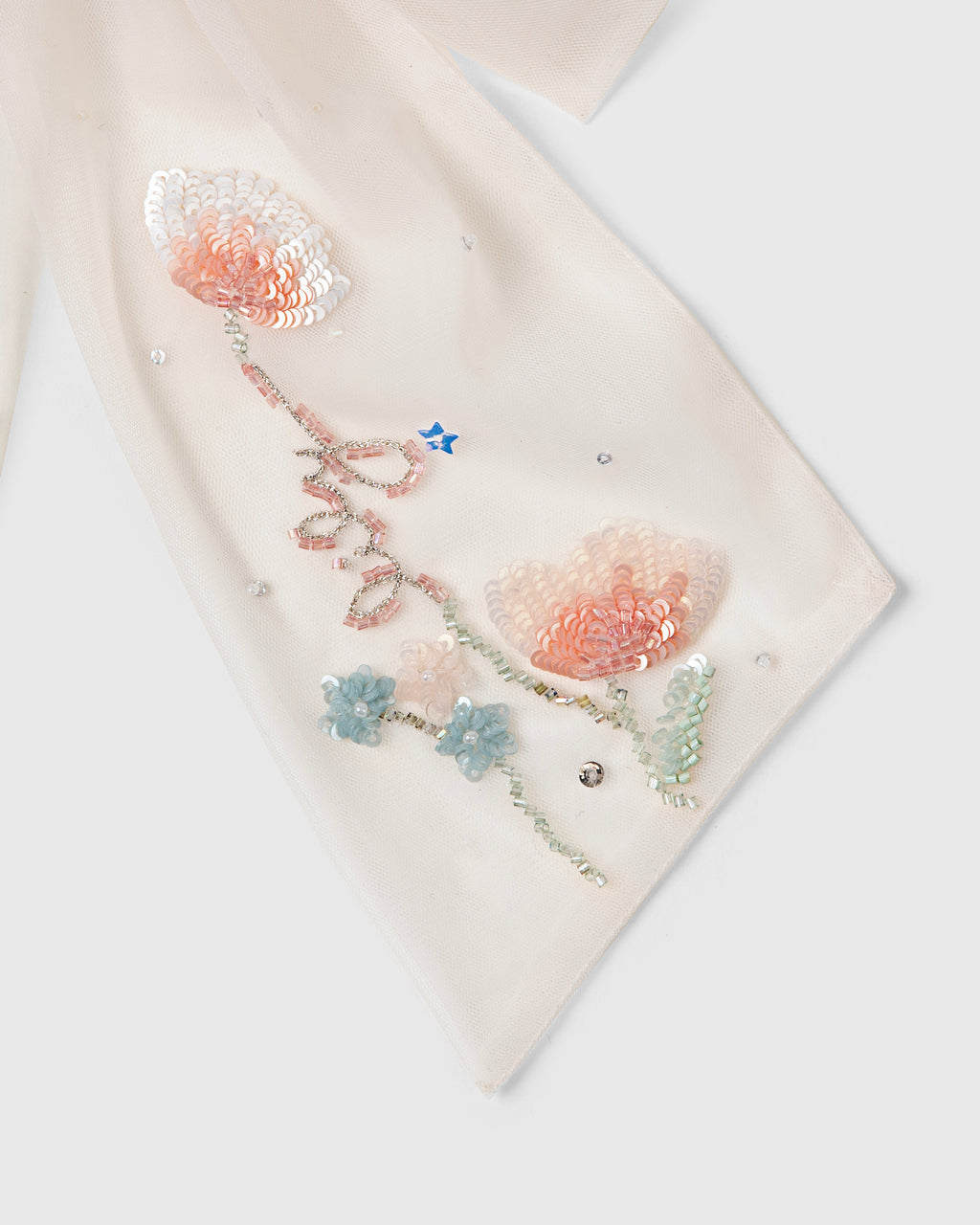Floral sequin and bead embroidery on Tulip Garden girls hair bow by House of Carousél