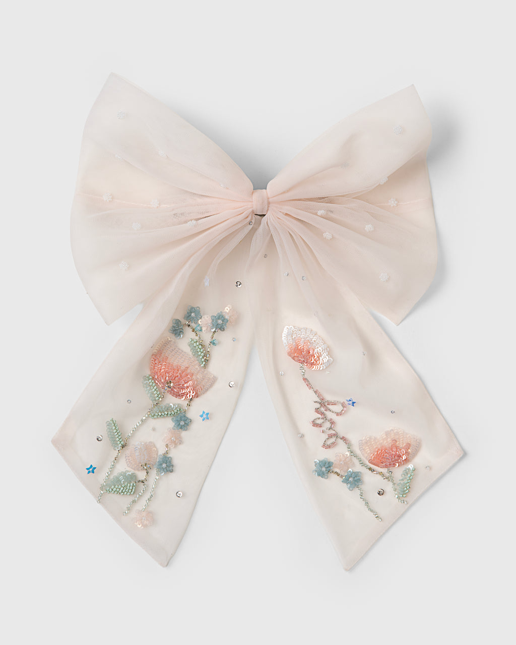 Tulip Garden tulle hair bow with embroidered flowers by House of Carousél available at House of Aura Lebanon