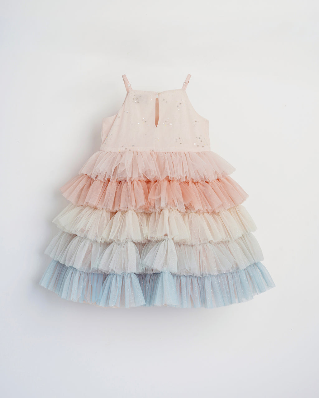 Pastel tiered ruffle tulle skirt detail of Unicorn in the Clouds dress by House of Carousél