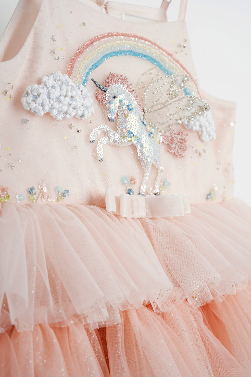 Unicorn and rainbow embroidered bodice detail on Unicorn in the Clouds dress by House of Carousél