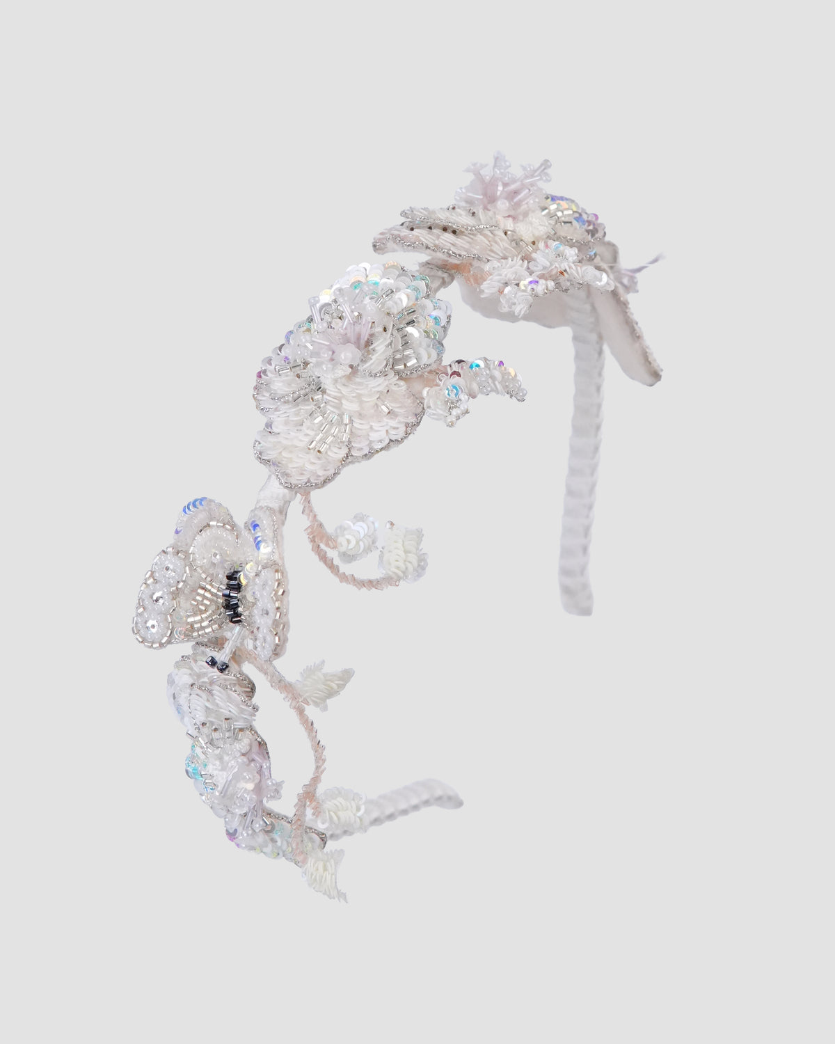Whispers of Spring floral headband with sequin butterfly and handcrafted ivory flowers by House of Carousél 